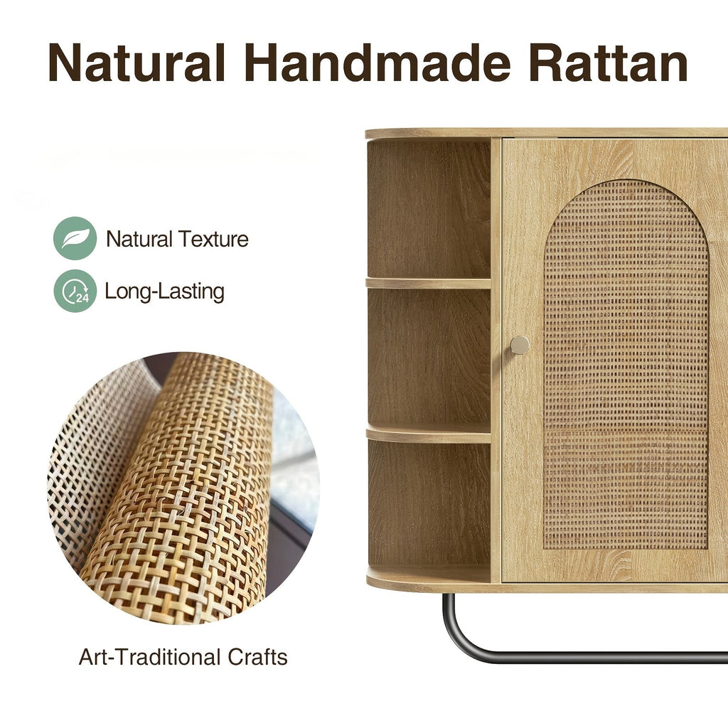 Armário de Banheiro de Rattan Montado na Parede com Barra de Toalha, Porta Arqueada e Prateleiras Ajustáveis, Organizador de Armazenamento Economizador de Espaço para Banheiro, Cozinha ou Lavanderia, Acabamento Natural