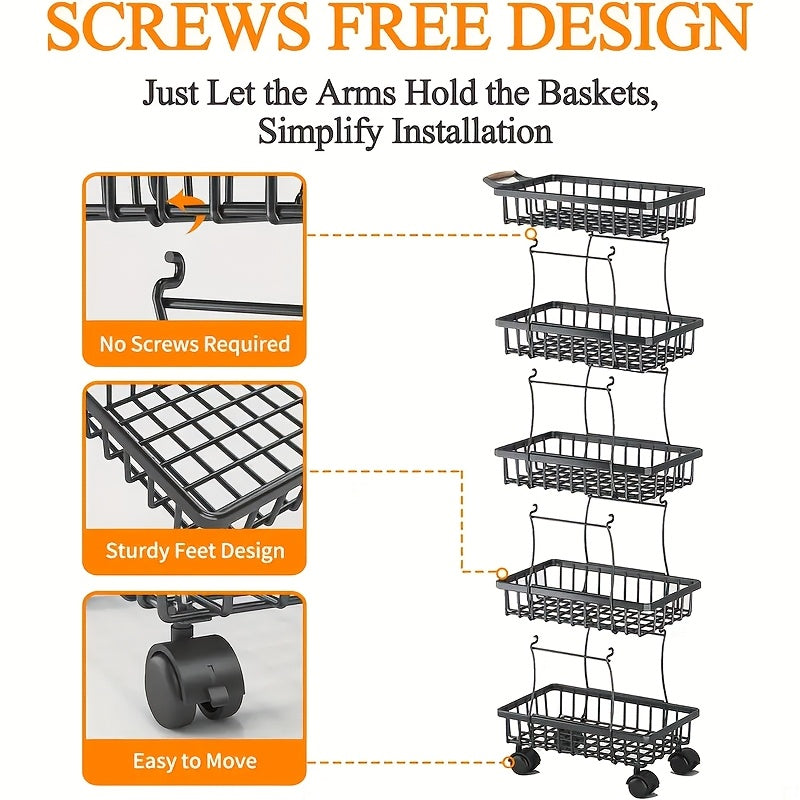 Cesto de Frutas e Legumes de 4/5 Camadas, Carrinho de Armazenamento Metálico Empilhável (com Rodas), Prateleira de Armazenamento Rotativa, Carrinho de Espaço Estreito, Prateleira de Canto, Prateleira Aberta | Adequado para Cozinha, Despensa, Casa de Banho