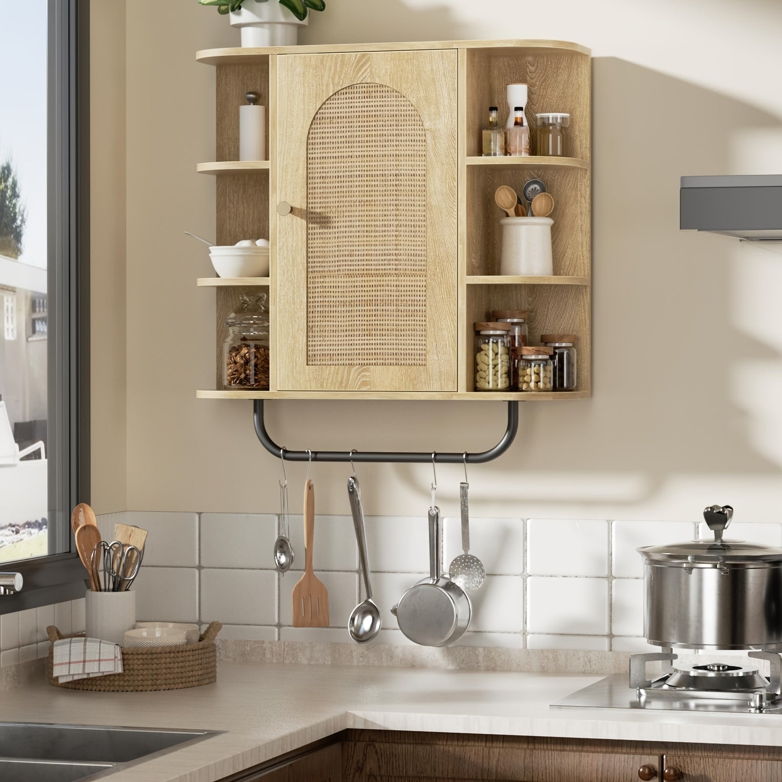 Armário de Banheiro de Rattan Montado na Parede com Barra de Toalha