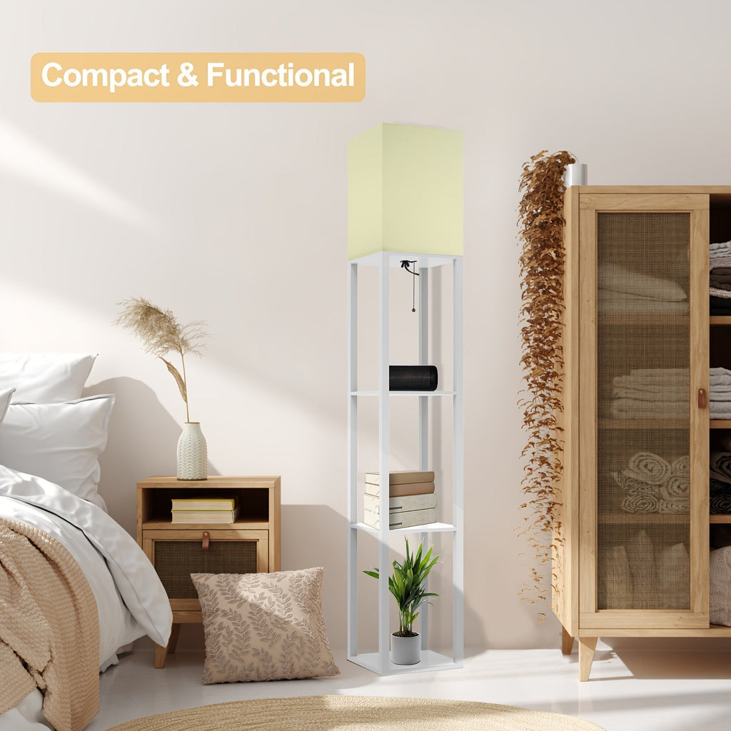 Luminária de Chão de 62,9 Polegadas com Prateleira, Madeira Maciça, Inclui Lâmpada, Ideal para Halloween, Natal e Outras Festas