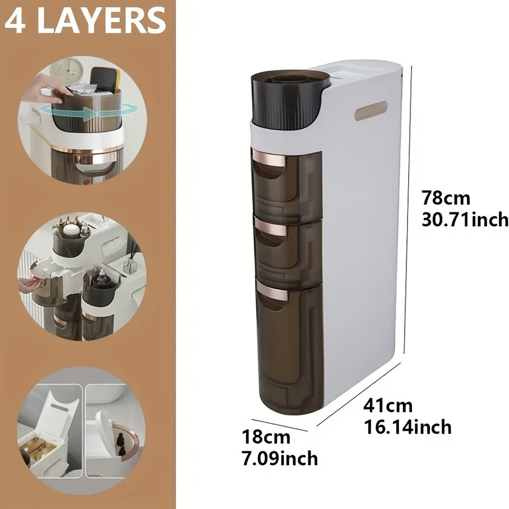 Armário de Armazenamento para Banheiro com Rodas e 4 Níveis - Organizador que Economiza Espaço, Design em Plástico Branco e Marrom para Espaços Estreitos, Unidade Autônoma Multifuncional com Portas Transparentes, Organizadores e Gavetas de Armazenamento p