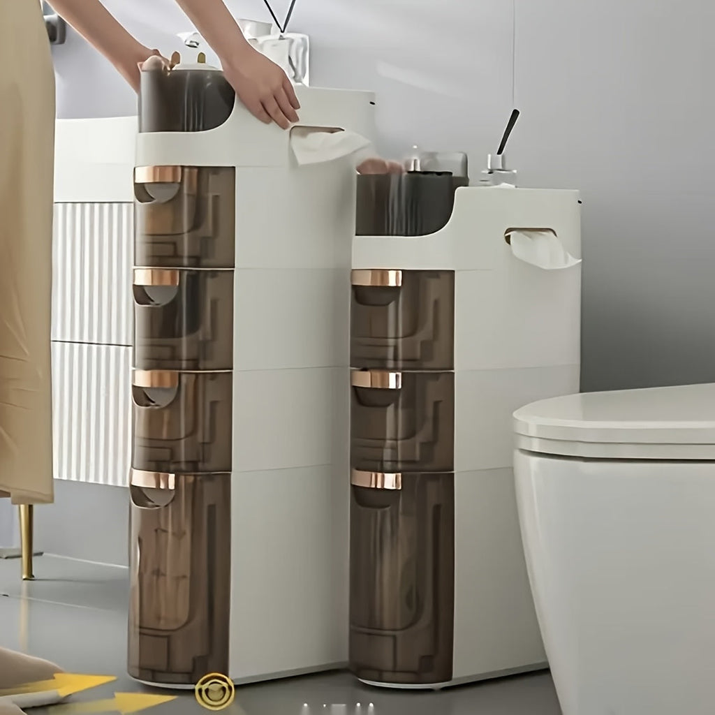 Armário de Armazenamento para Banheiro com Rodas e 4 Níveis - Organizador que Economiza Espaço, Design em Plástico Branco e Marrom para Espaços Estreitos, Unidade Autônoma Multifuncional com Portas Transparentes, Organizadores e Gavetas de Armazenamento p
