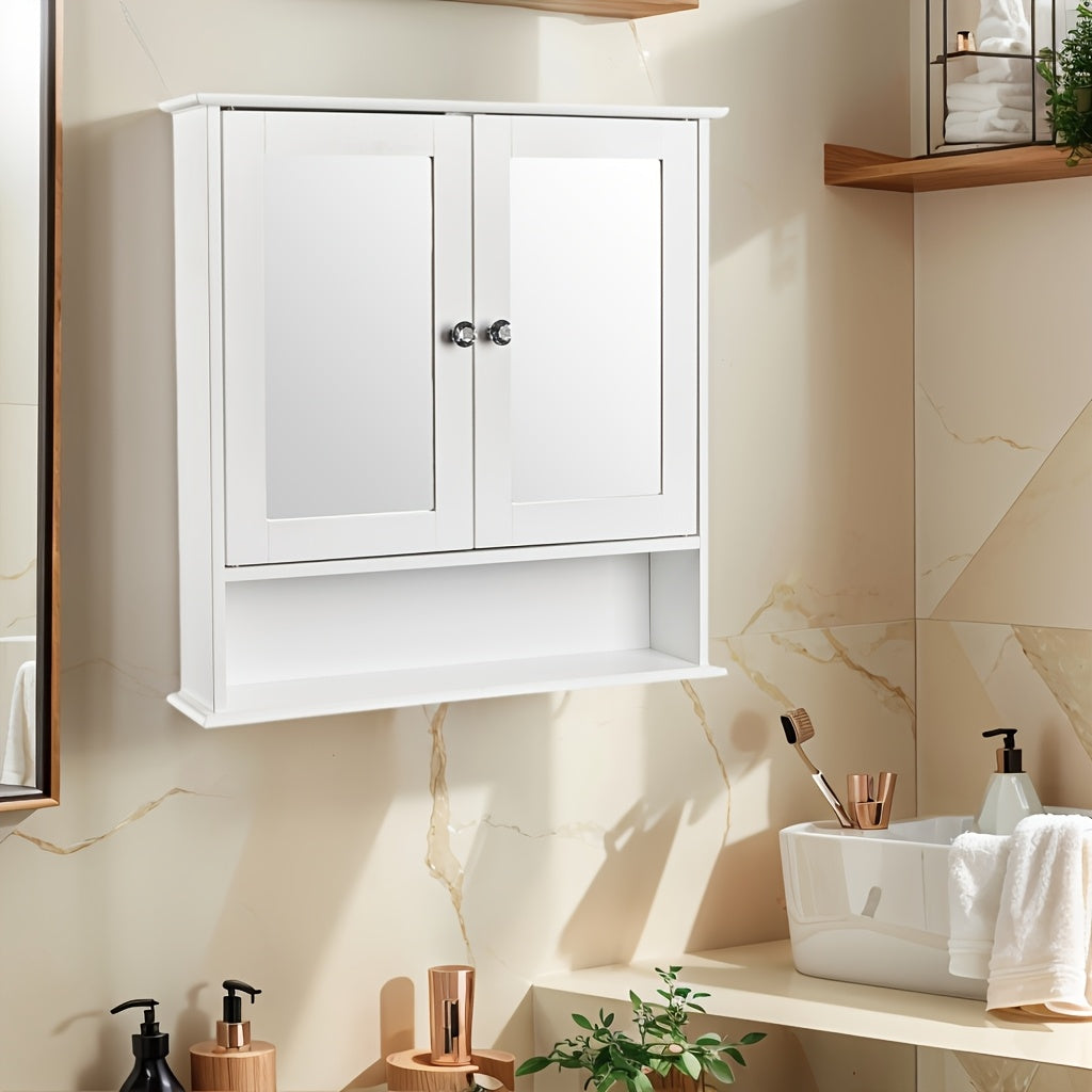 Armário de Banheiro com Espelho, Armário de Parede com 6 Prateleiras Laterais, Armário Branco com Espelho, Branco