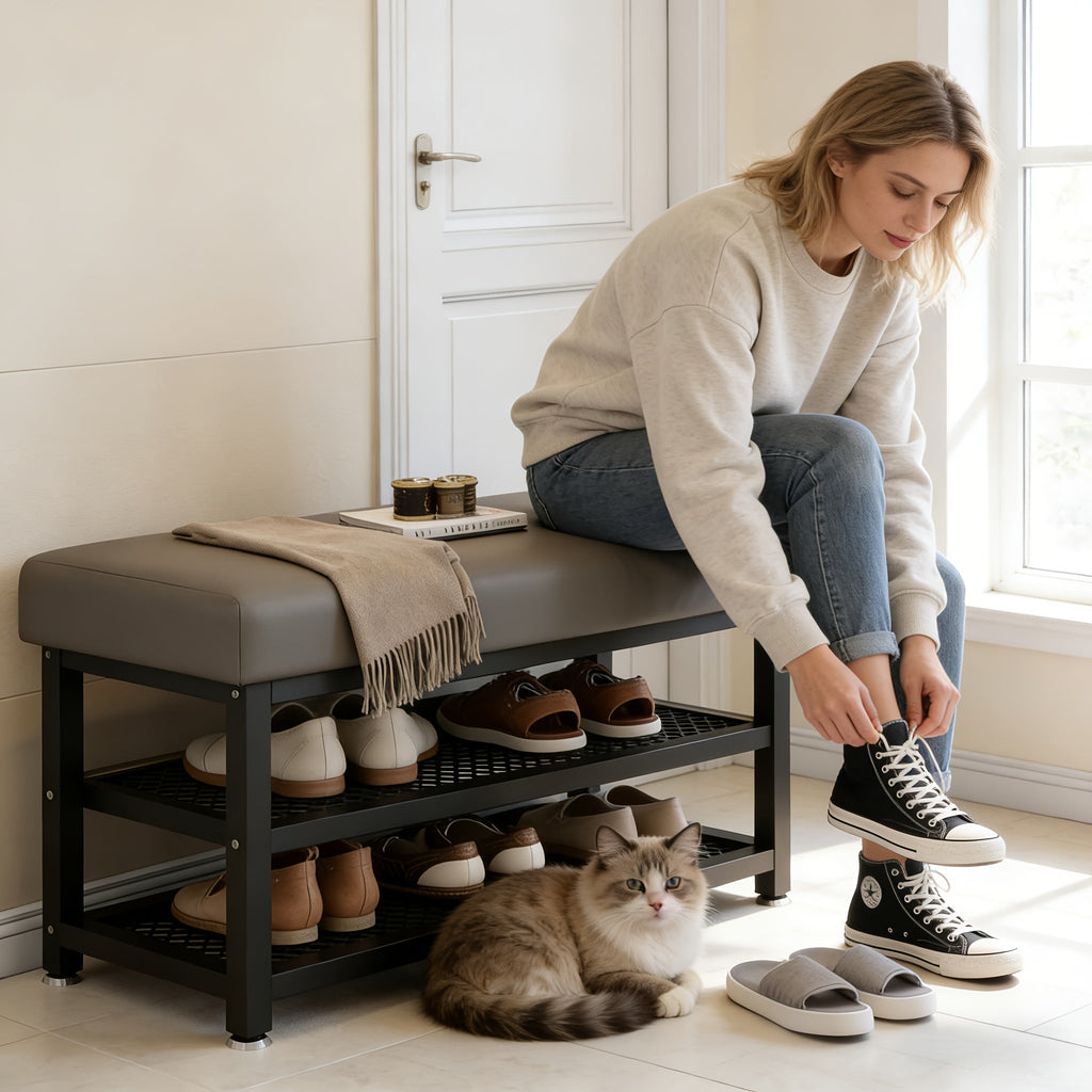 Banco Moderno com Suporte para Sapatos e Assento Almofadado – Ideal para Hall de Entrada