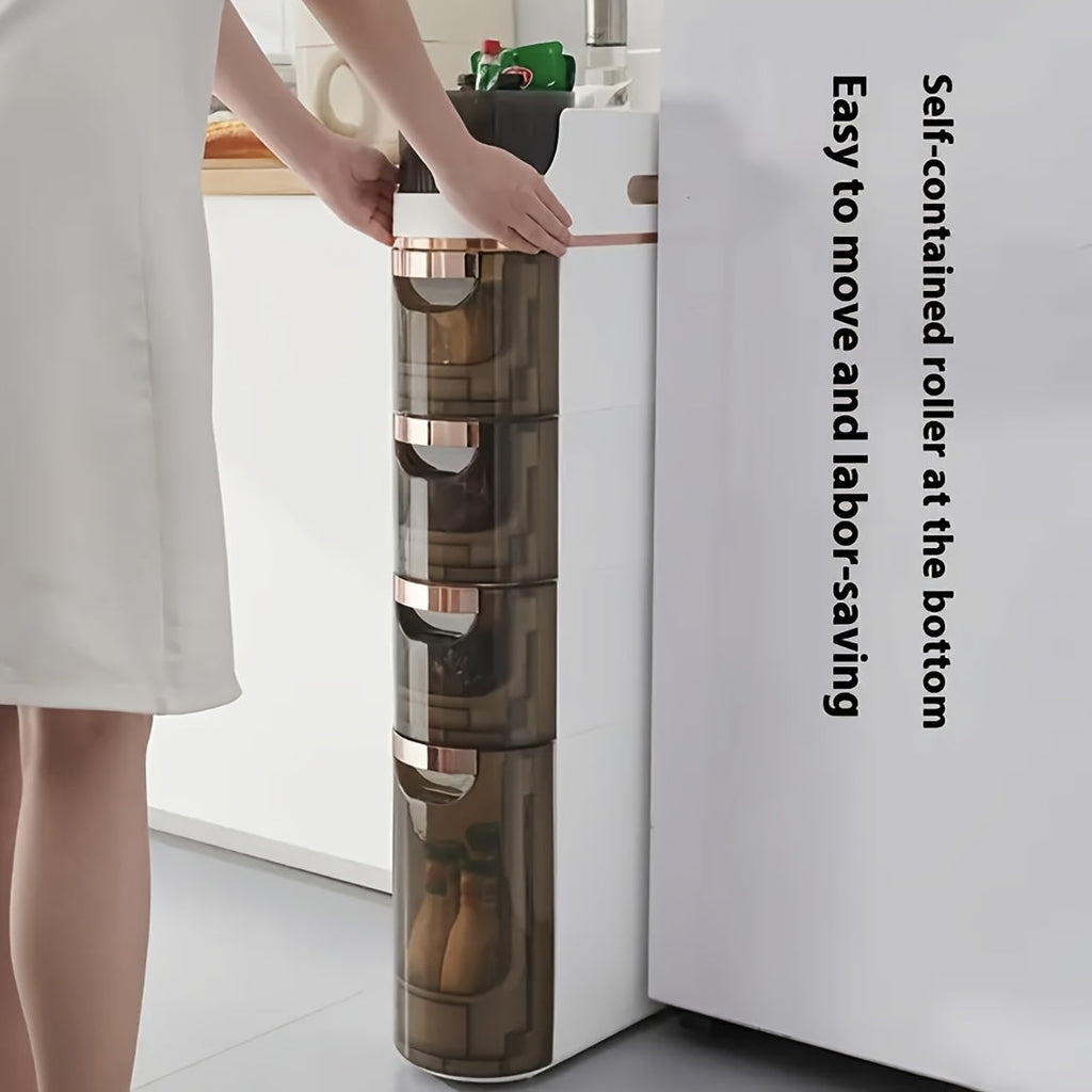 Armário de Armazenamento para Banheiro com Rodas e 4 Níveis - Organizador que Economiza Espaço, Design em Plástico Branco e Marrom para Espaços Estreitos, Unidade Autônoma Multifuncional com Portas Transparentes, Organizadores e Gavetas de Armazenamento p