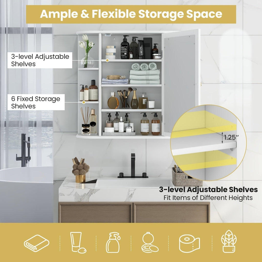 Armário de Banheiro com Espelho, Armário de Parede com 6 Prateleiras Laterais, Armário Branco com Espelho, Branco