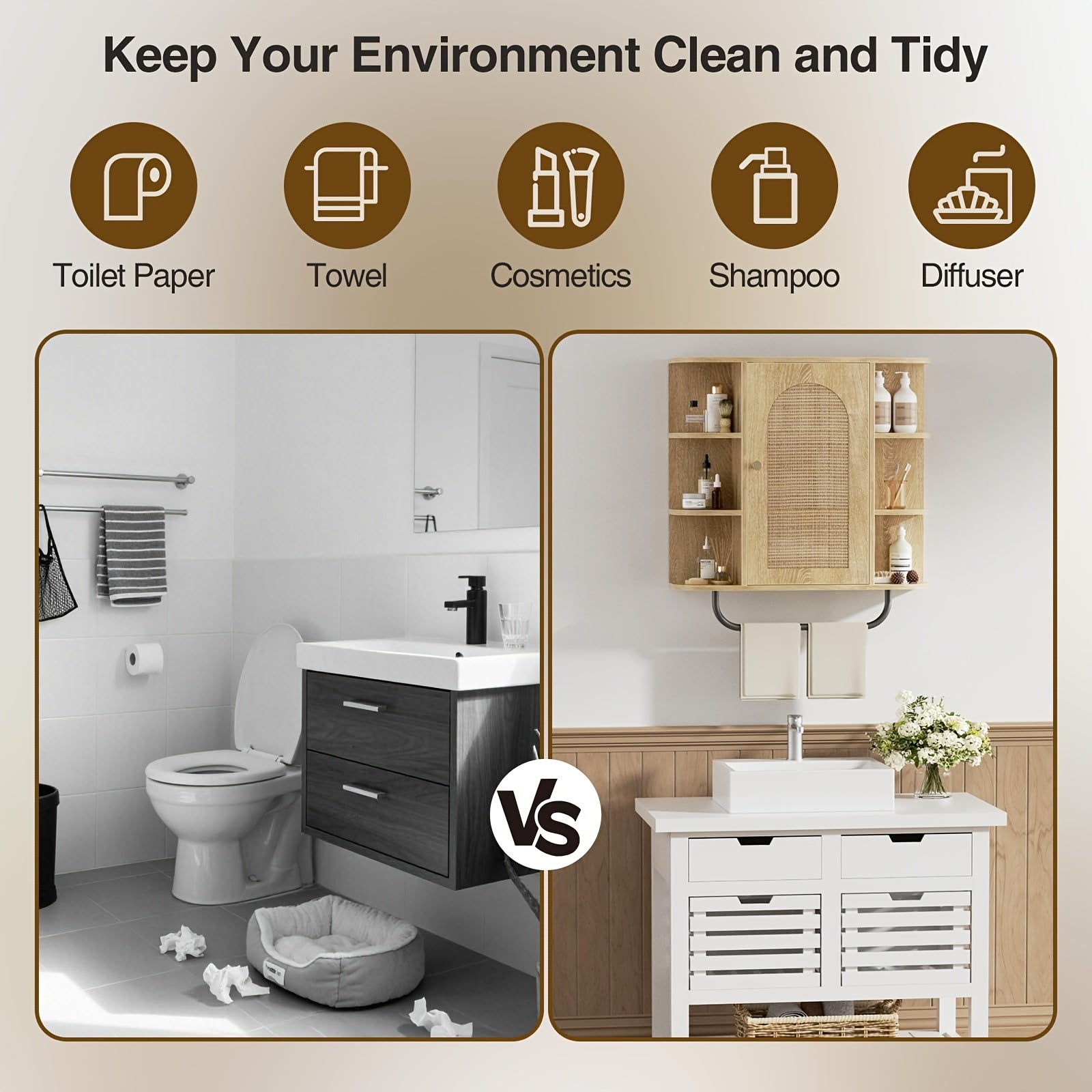 Armário de Banheiro de Rattan Montado na Parede com Barra de Toalha, Porta Arqueada e Prateleiras Ajustáveis, Organizador de Armazenamento Economizador de Espaço para Banheiro, Cozinha ou Lavanderia, Acabamento Natural