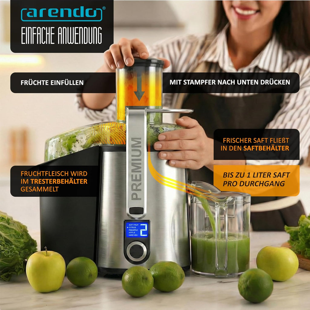 Arendo - Edelstahl Entsafter für Obst und Gemüse – leistungsstark 1000 Watt Leistung – Saftpresse Zitruspresse − 1000ml Saftbehälter