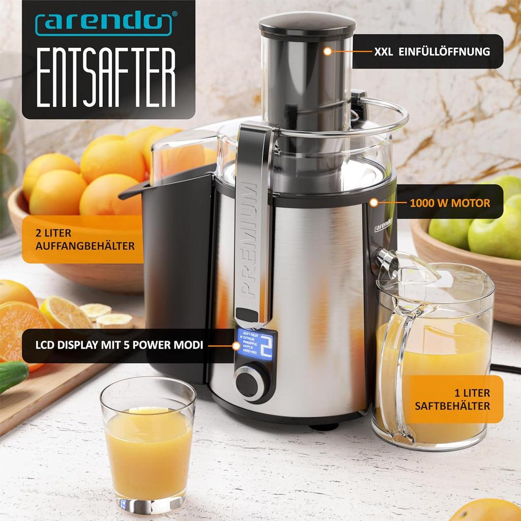 Arendo - Edelstahl Entsafter für Obst und Gemüse – leistungsstark 1000 Watt Leistung – Saftpresse Zitruspresse − 1000ml Saftbehälter