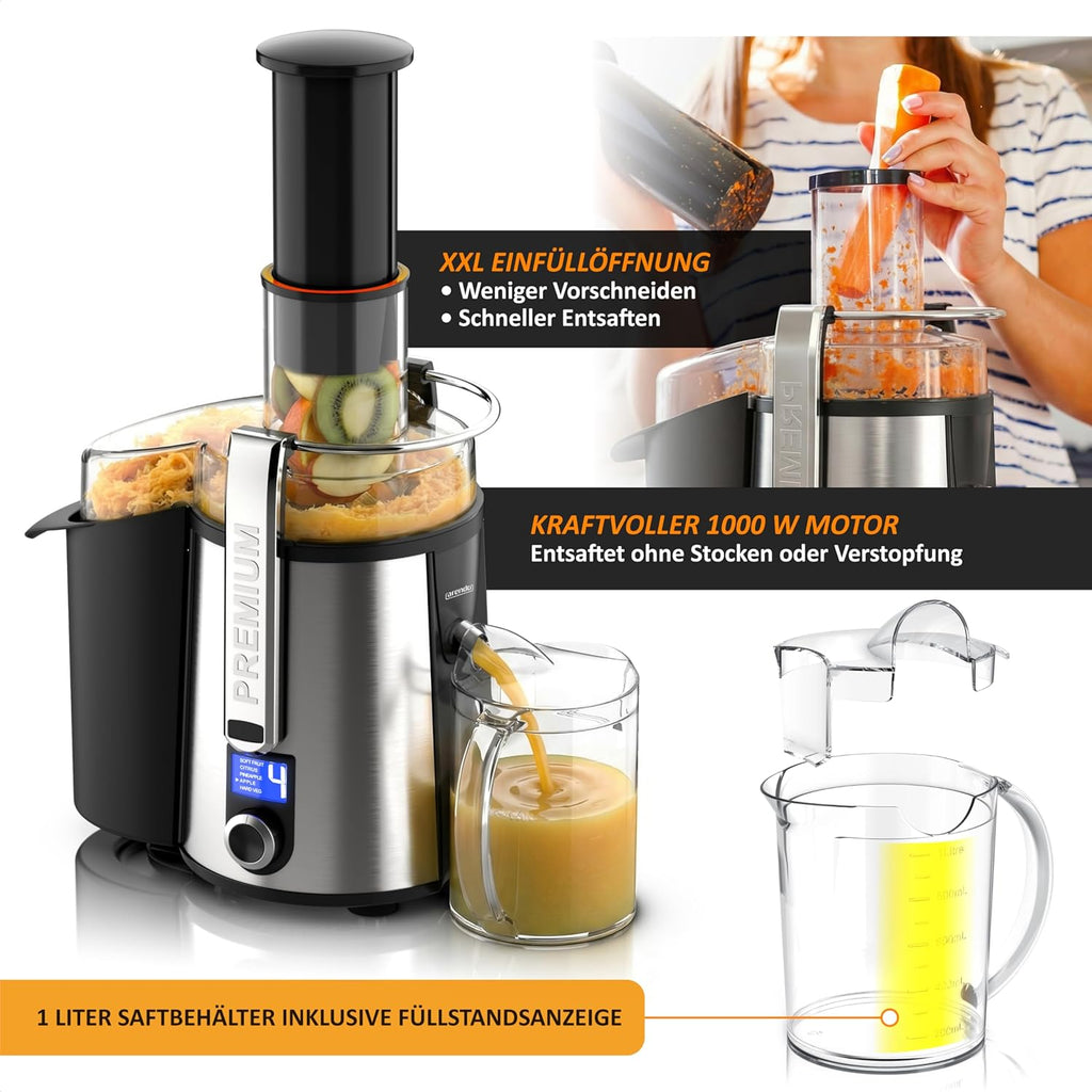 Arendo - Edelstahl Entsafter für Obst und Gemüse – leistungsstark 1000 Watt Leistung – Saftpresse Zitruspresse − 1000ml Saftbehälter