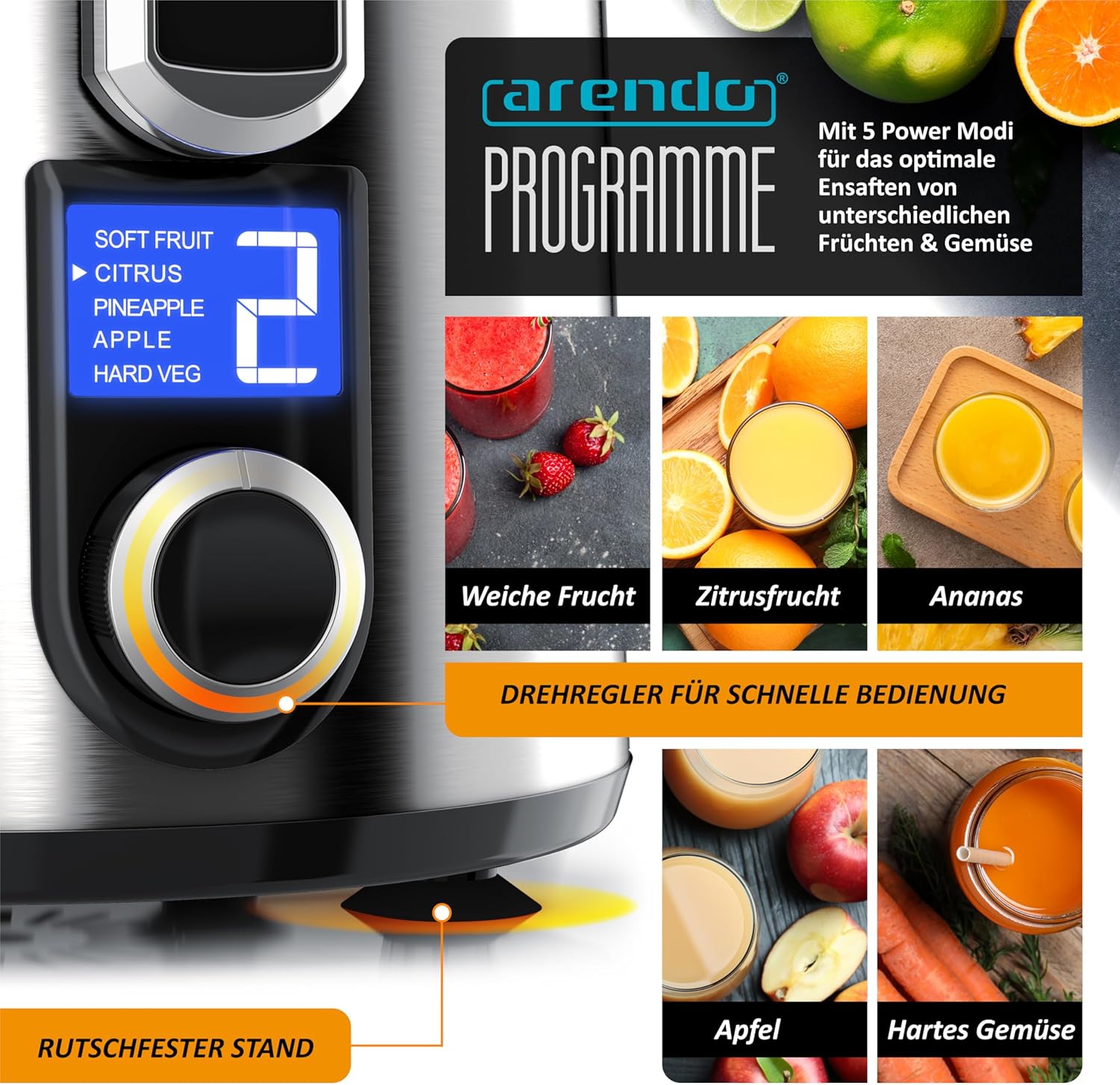 Arendo - Edelstahl Entsafter für Obst und Gemüse – leistungsstark 1000 Watt Leistung – Saftpresse Zitruspresse − 1000ml Saftbehälter