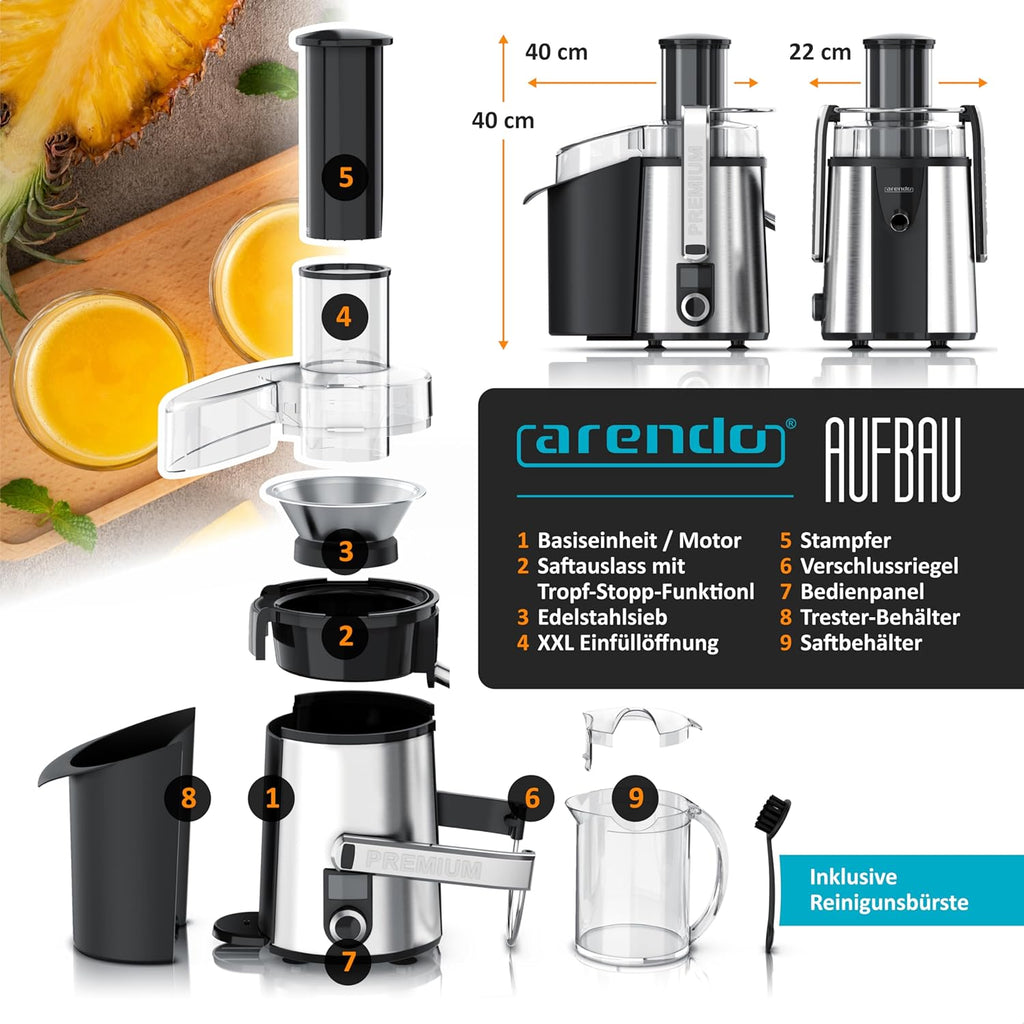 Arendo - Edelstahl Entsafter für Obst und Gemüse – leistungsstark 1000 Watt Leistung – Saftpresse Zitruspresse − 1000ml Saftbehälter