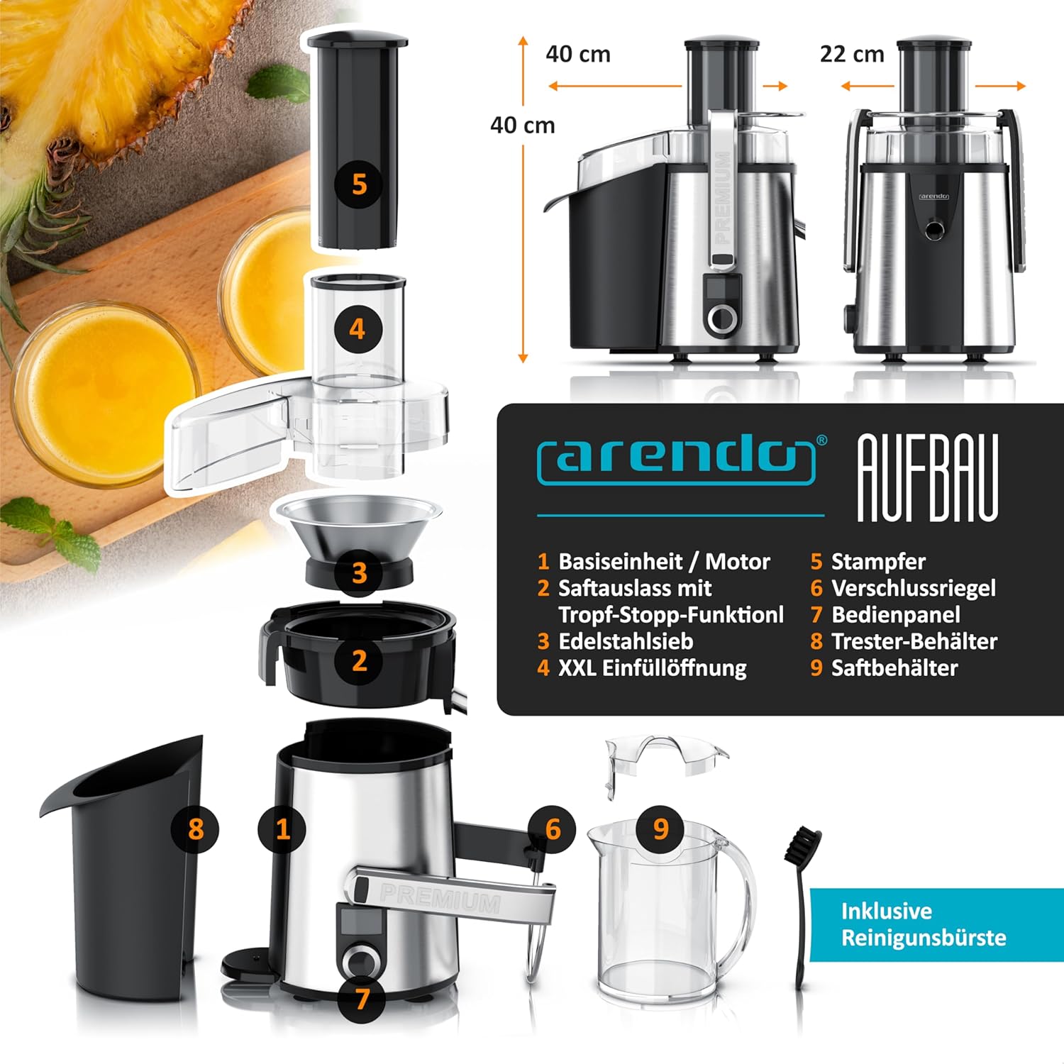 Arendo - Edelstahl Entsafter für Obst und Gemüse – leistungsstark 1000 Watt Leistung – Saftpresse Zitruspresse − 1000ml Saftbehälter