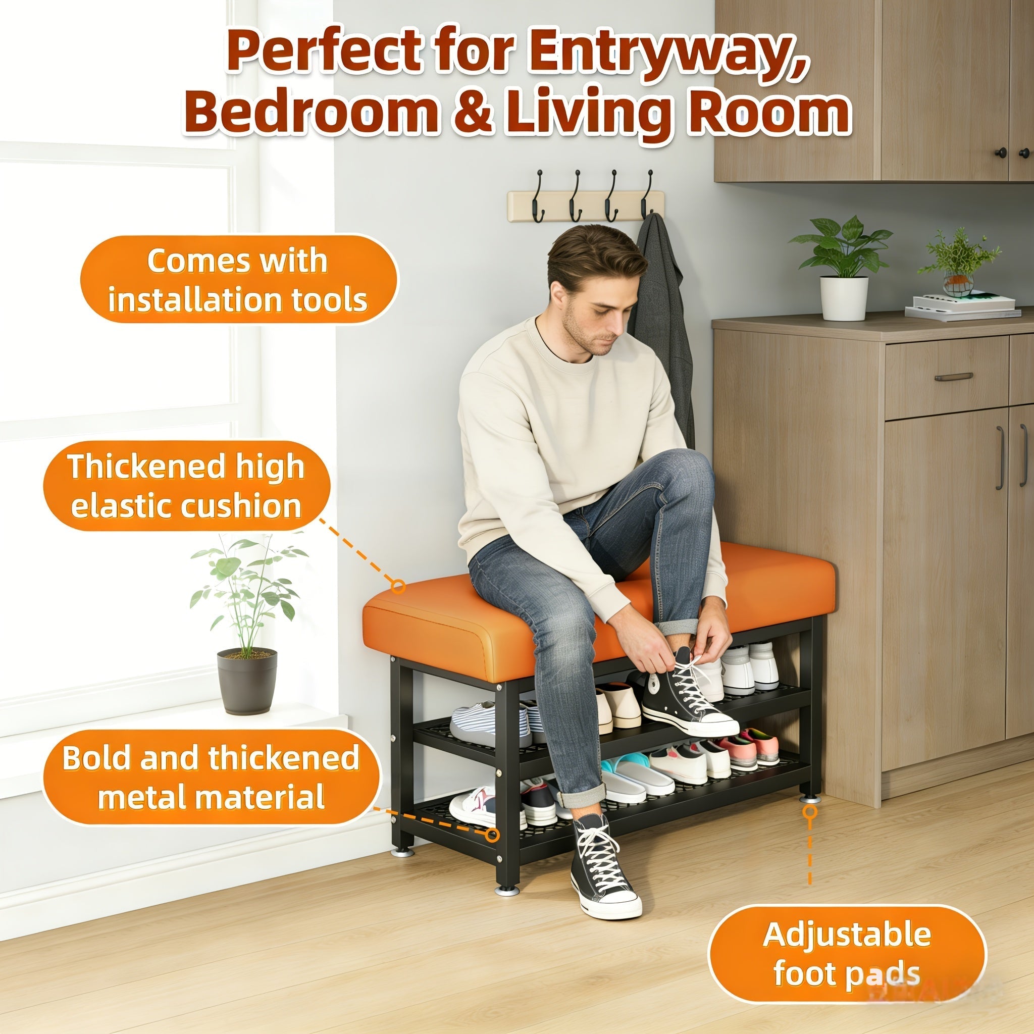 Banco Moderno com Suporte para Sapatos e Assento Almofadado – Ideal para Hall de Entrada