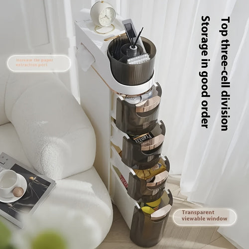 Armário de Armazenamento para Banheiro com Rodas e 4 Níveis - Organizador que Economiza Espaço, Design em Plástico Branco e Marrom para Espaços Estreitos, Unidade Autônoma Multifuncional com Portas Transparentes, Organizadores e Gavetas de Armazenamento p