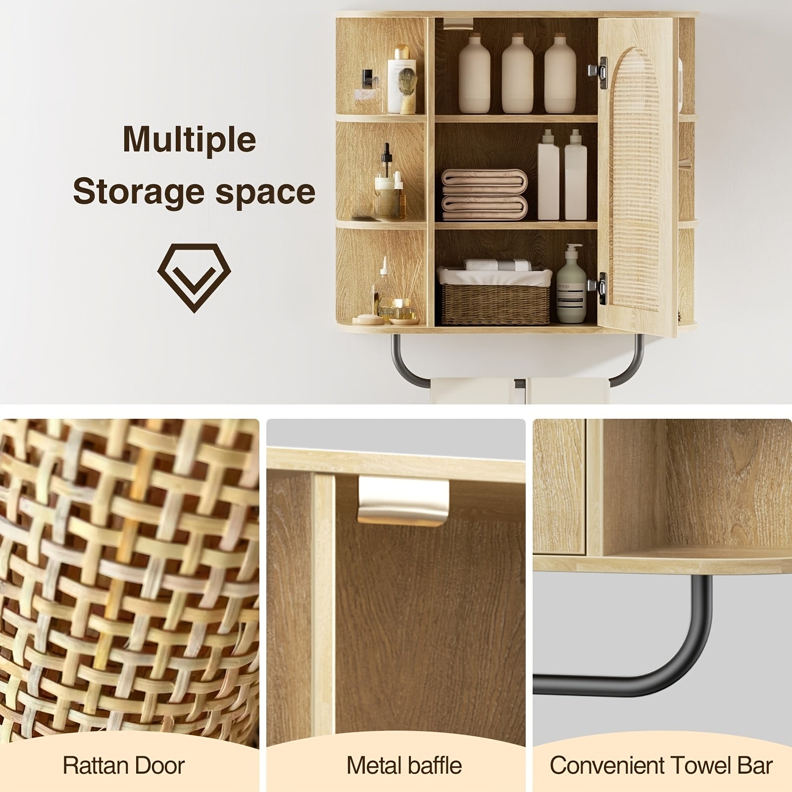 Armário de Banheiro de Rattan Montado na Parede com Barra de Toalha, Porta Arqueada e Prateleiras Ajustáveis, Organizador de Armazenamento Economizador de Espaço para Banheiro, Cozinha ou Lavanderia, Acabamento Natural