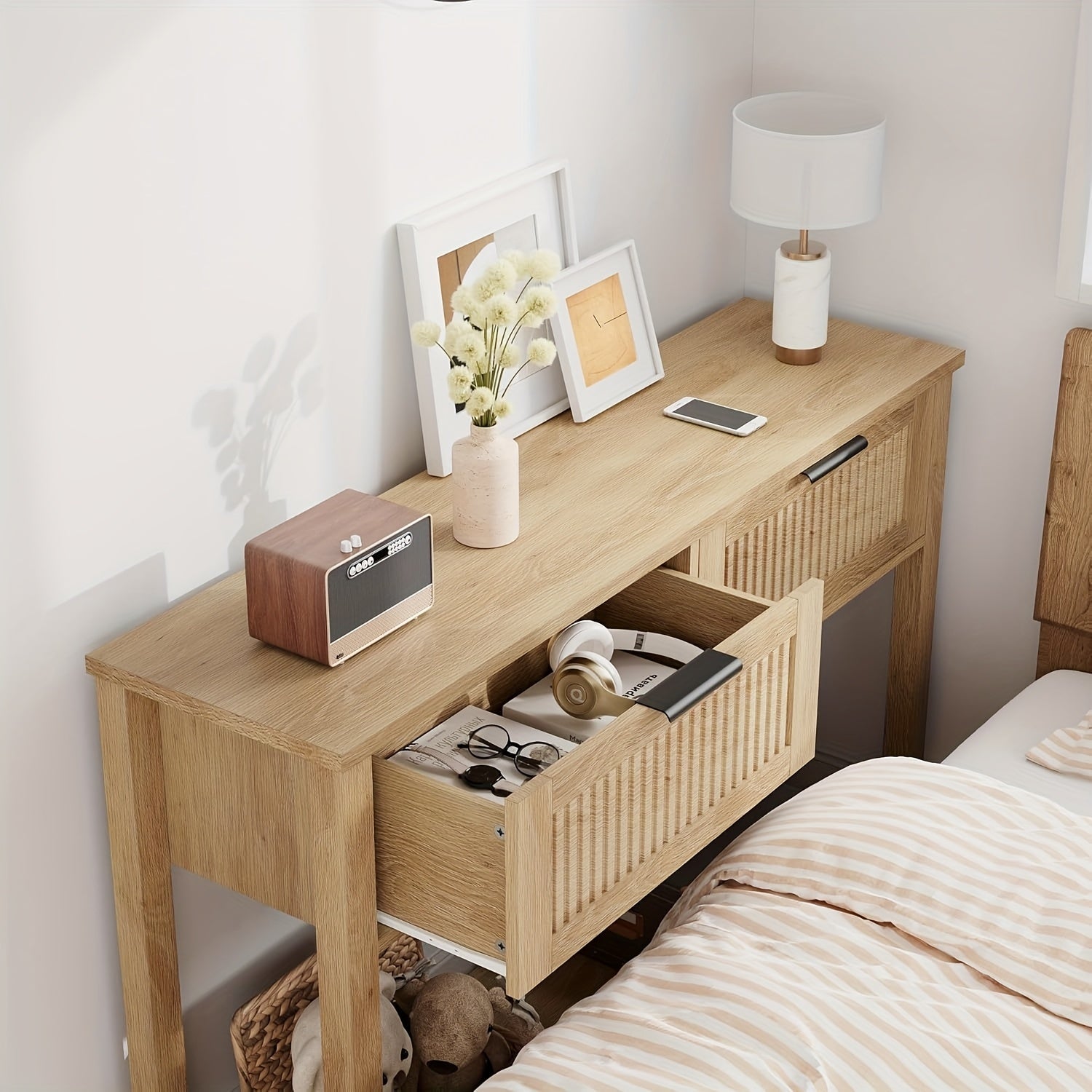 Mesa de entrada de fazenda, Mesa de console de 43 polegadas com 2 gavetas, Mesa de sofá de 2 níveis com armazenamento para sala de estar, Mesas de foyer para entrada