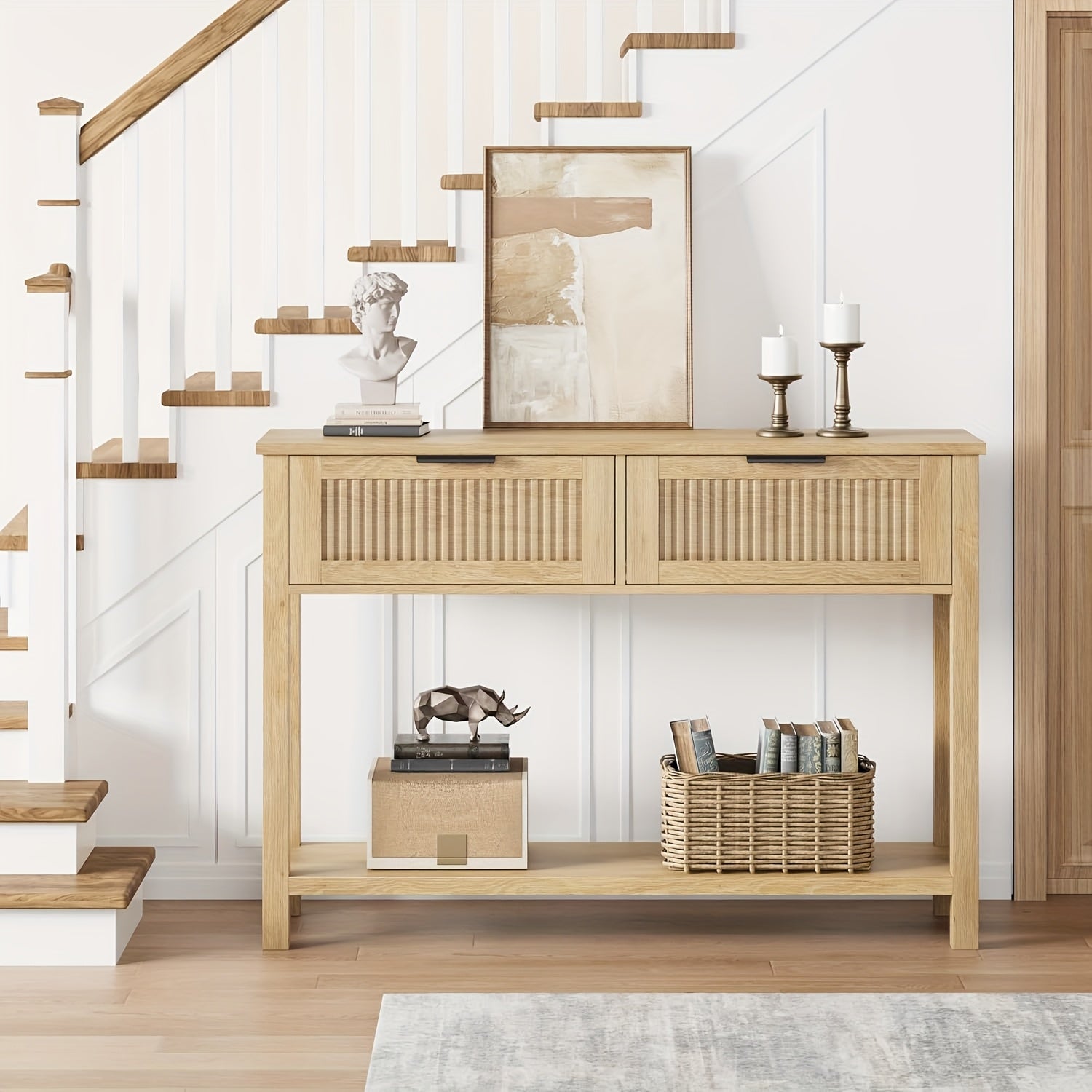 Mesa de entrada de fazenda, Mesa de console de 43 polegadas com 2 gavetas, Mesa de sofá de 2 níveis com armazenamento para sala de estar, Mesas de foyer para entrada