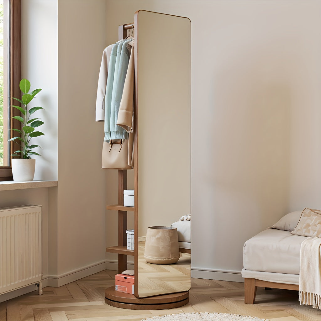 Espelho de Chão em Madeira Maciça com Cabideiro e Prateleiras