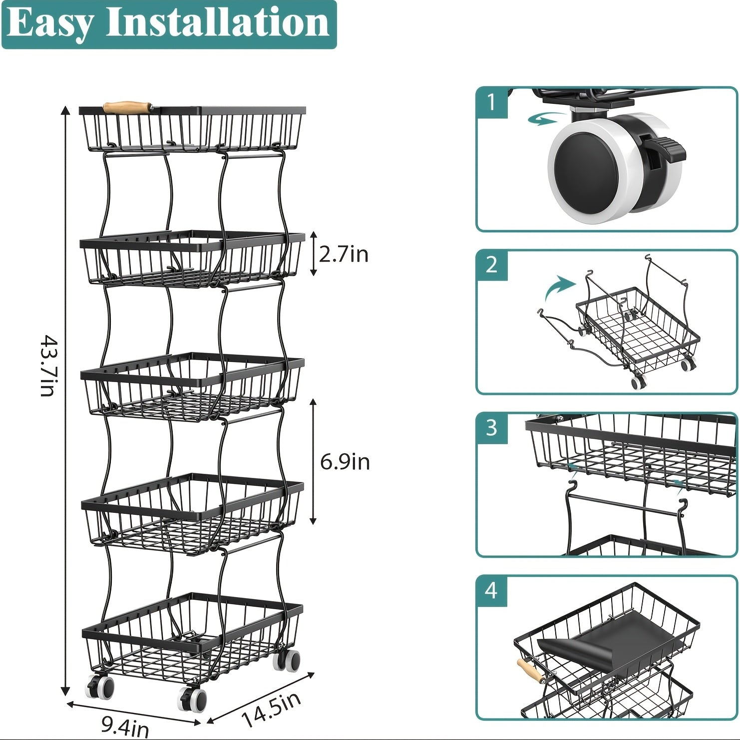 Cesto de Frutas e Legumes de 4/5 Camadas, Carrinho de Armazenamento Metálico Empilhável (com Rodas), Prateleira de Armazenamento Rotativa, Carrinho de Espaço Estreito, Prateleira de Canto, Prateleira Aberta | Adequado para Cozinha, Despensa, Casa de Banho