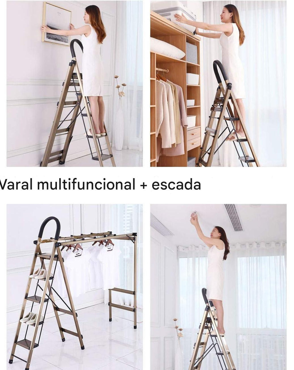 Escada Multifuncional Dobrável em Alumínio – Suporte para Roupas, Sapateira e Escada Doméstica até 150 kg