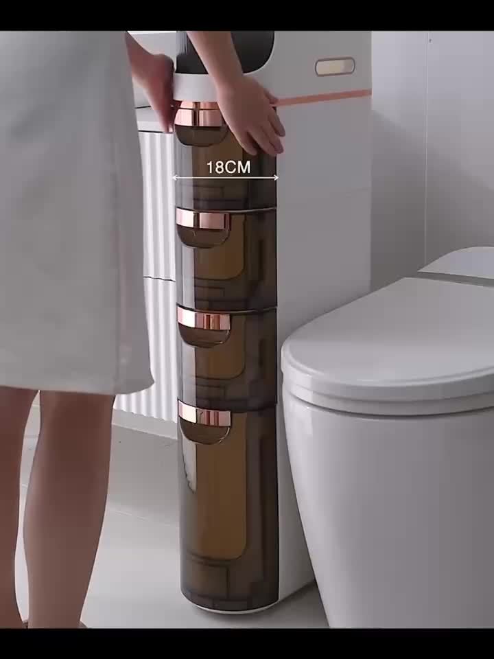 Armário de Armazenamento para Banheiro com Rodas e 4 Níveis - Organizador que Economiza Espaço, Design em Plástico Branco e Marrom para Espaços Estreitos, Unidade Autônoma Multifuncional com Portas Transparentes, Organizadores e Gavetas de Armazenamento p