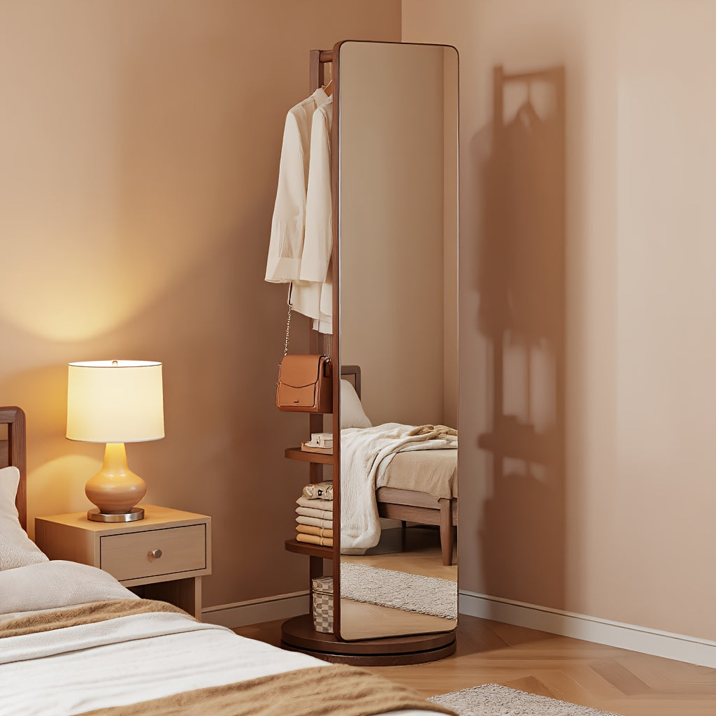 Espelho de Chão em Madeira Maciça com Cabideiro e Prateleiras