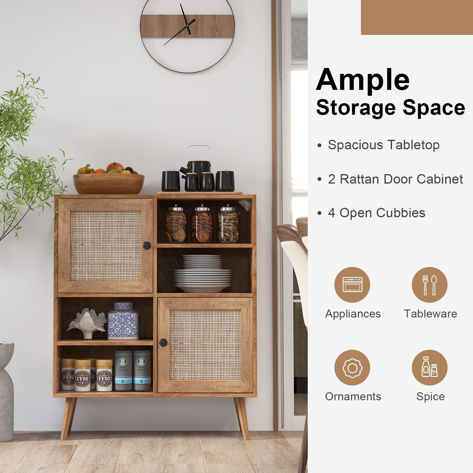 Gaveta de buffet LIFEZEAL, armário de armazenamento lateral de madeira com 2 portas de vime e 2 cubos, bar de café de fazenda, organizador de armários independentes para sala de estar, cozinha e corredor.