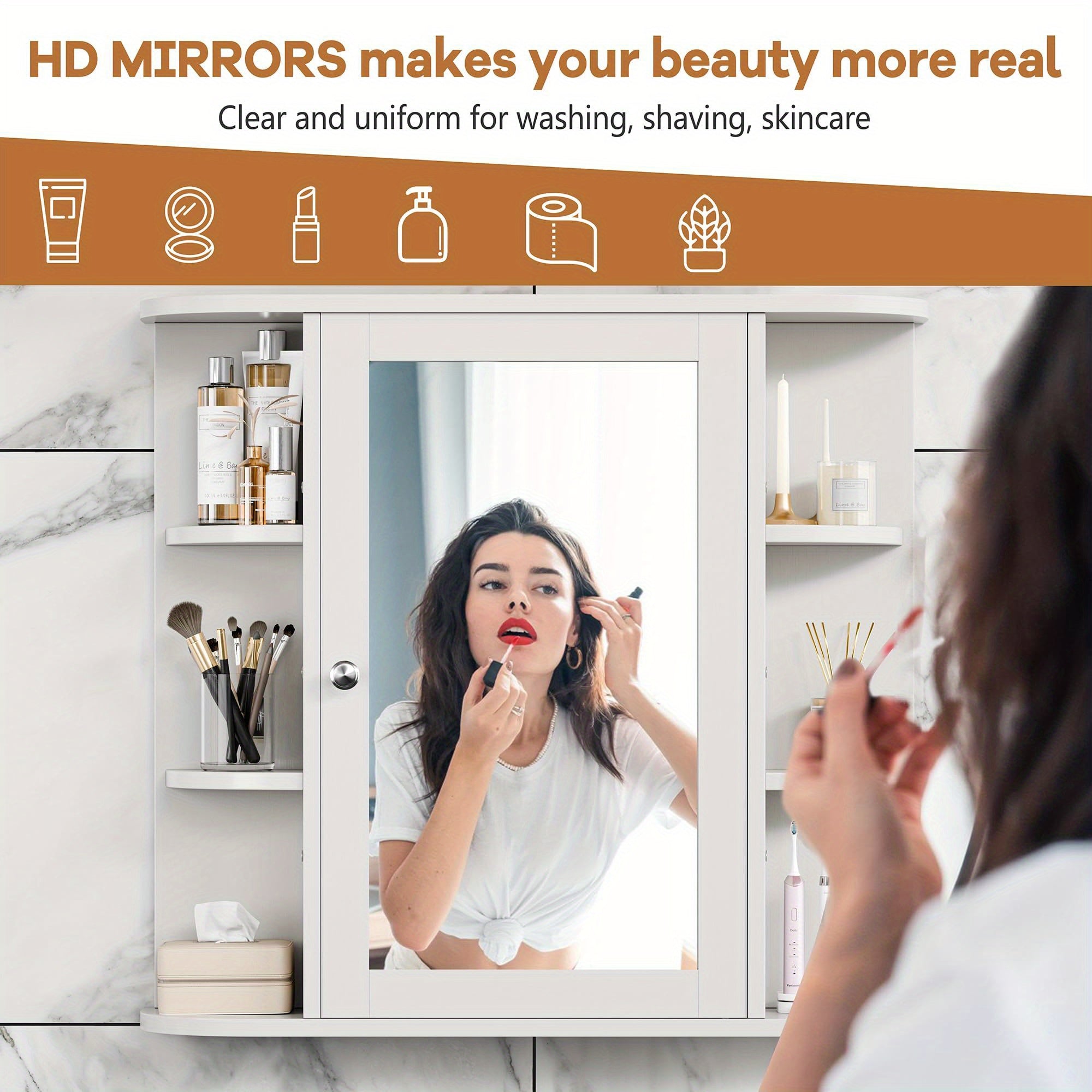 Armário de Banheiro com Espelho, Armário de Parede com 6 Prateleiras Laterais, Armário Branco com Espelho, Branco