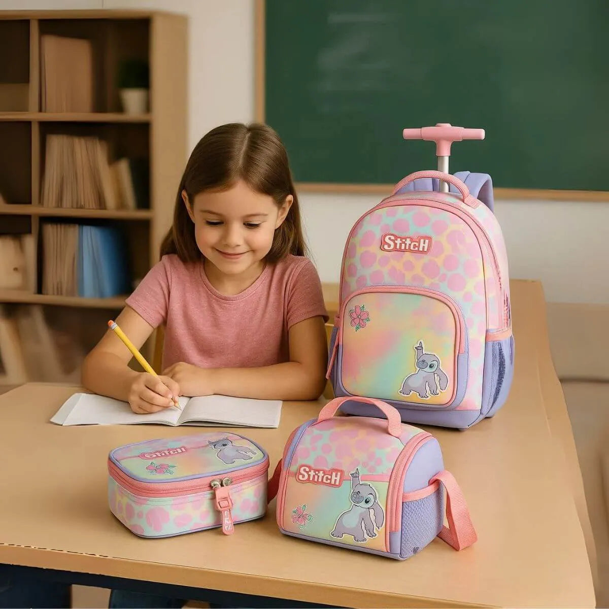 Kit Mochila Rodinhas Stitch Lancheira e Estojo