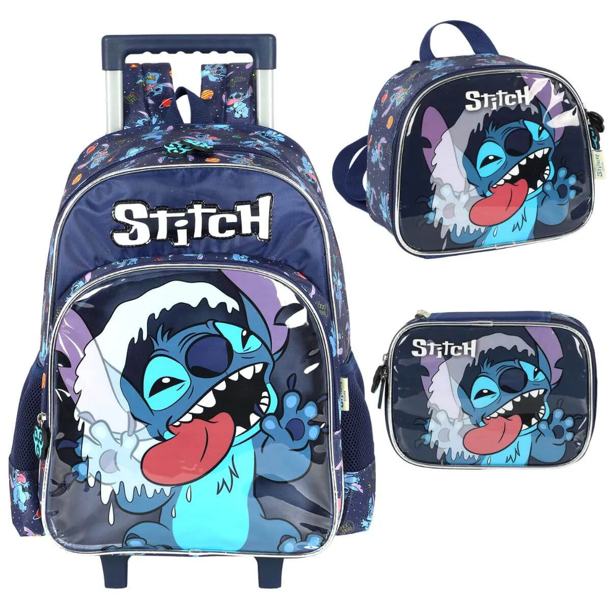 Kit Mochila Rodinhas Stitch Lancheira e Estojo