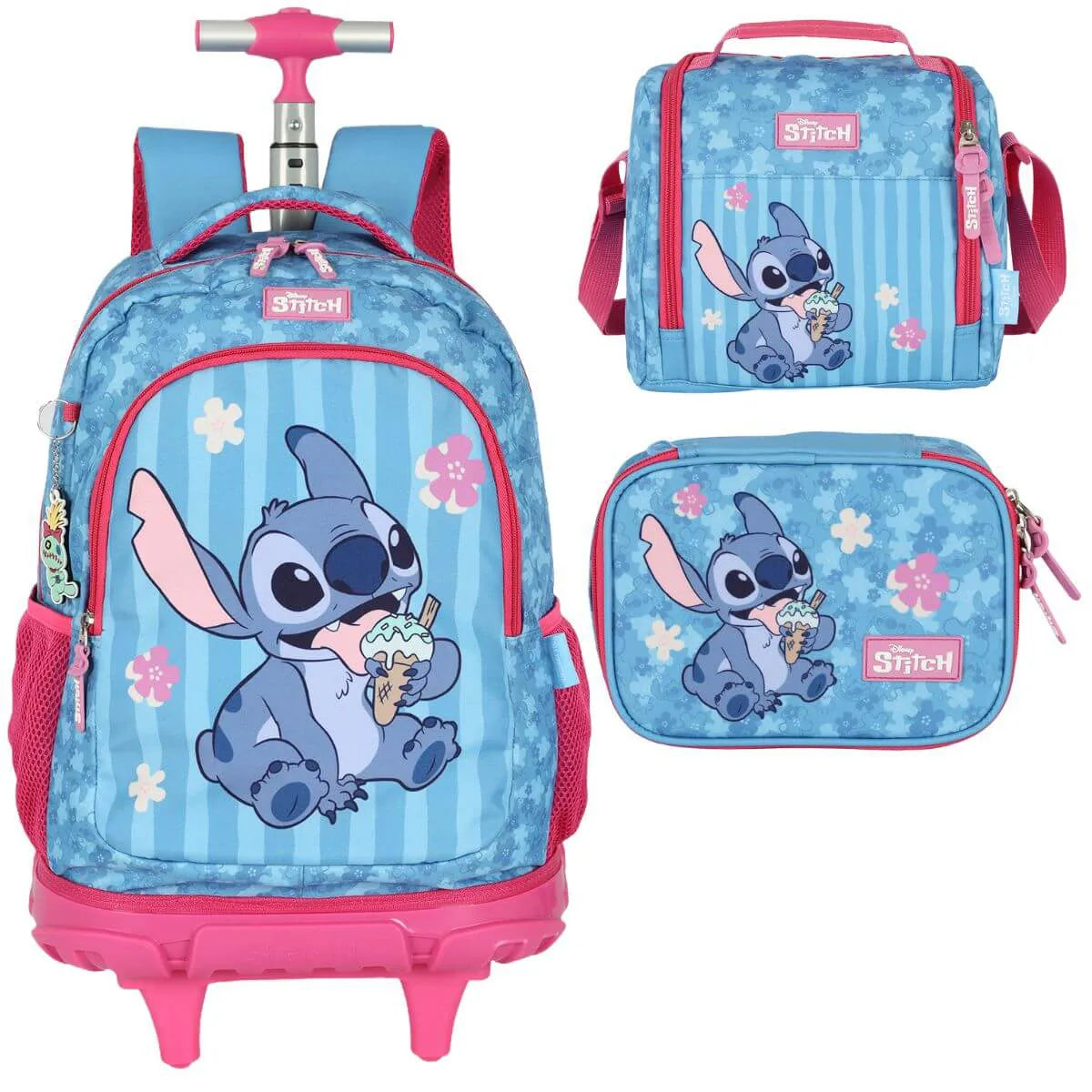 Kit Mochila Rodinhas Stitch Lancheira e Estojo