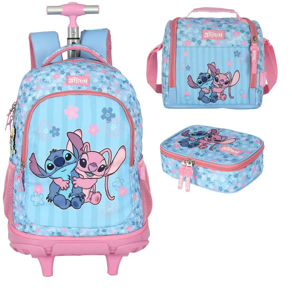 Kit Mochila Rodinhas Stitch Lancheira e Estojo